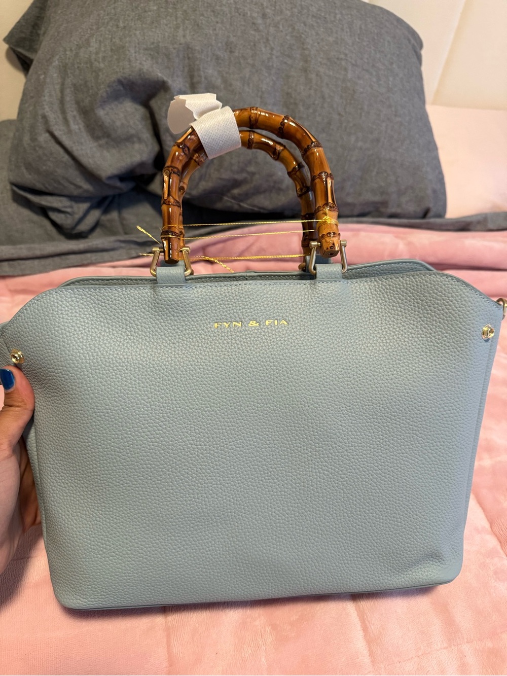 Light Blue Bamboo-Handle Crossbody Satchel